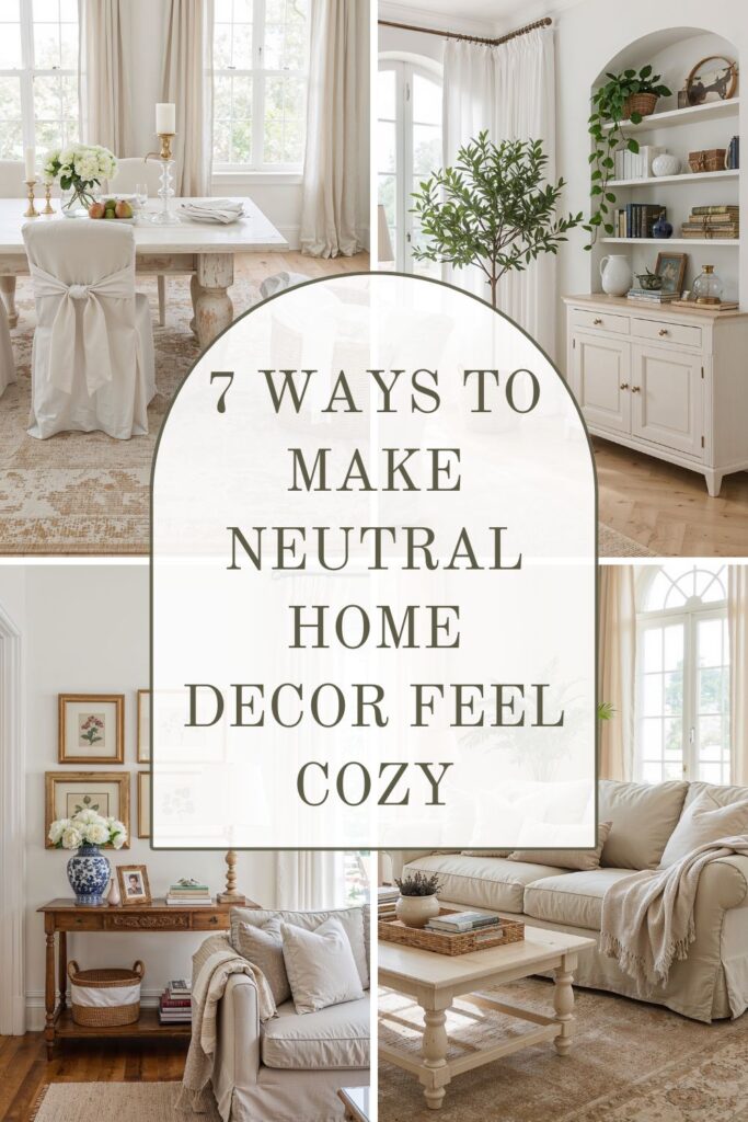 Collage of neutral home decor inspiration featuring a cozy dining room with a rustic whitewashed table, a bright living room with a cream sofa and soft throw pillows, a styled built-in cabinet with books and greenery, and a wood console table with floral artwork, all overlaid with text reading "7 Ways to Make Neutral Home Decor Feel Cozy."