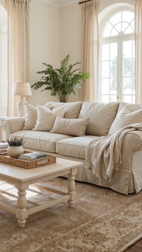 Neutral French country living room with a cream slipcovered sofa layered in textured pillows and a knit throw, a rustic white coffee table with a woven tray, a potted plant in the corner, and tall arched windows with beige curtains letting in natural light.