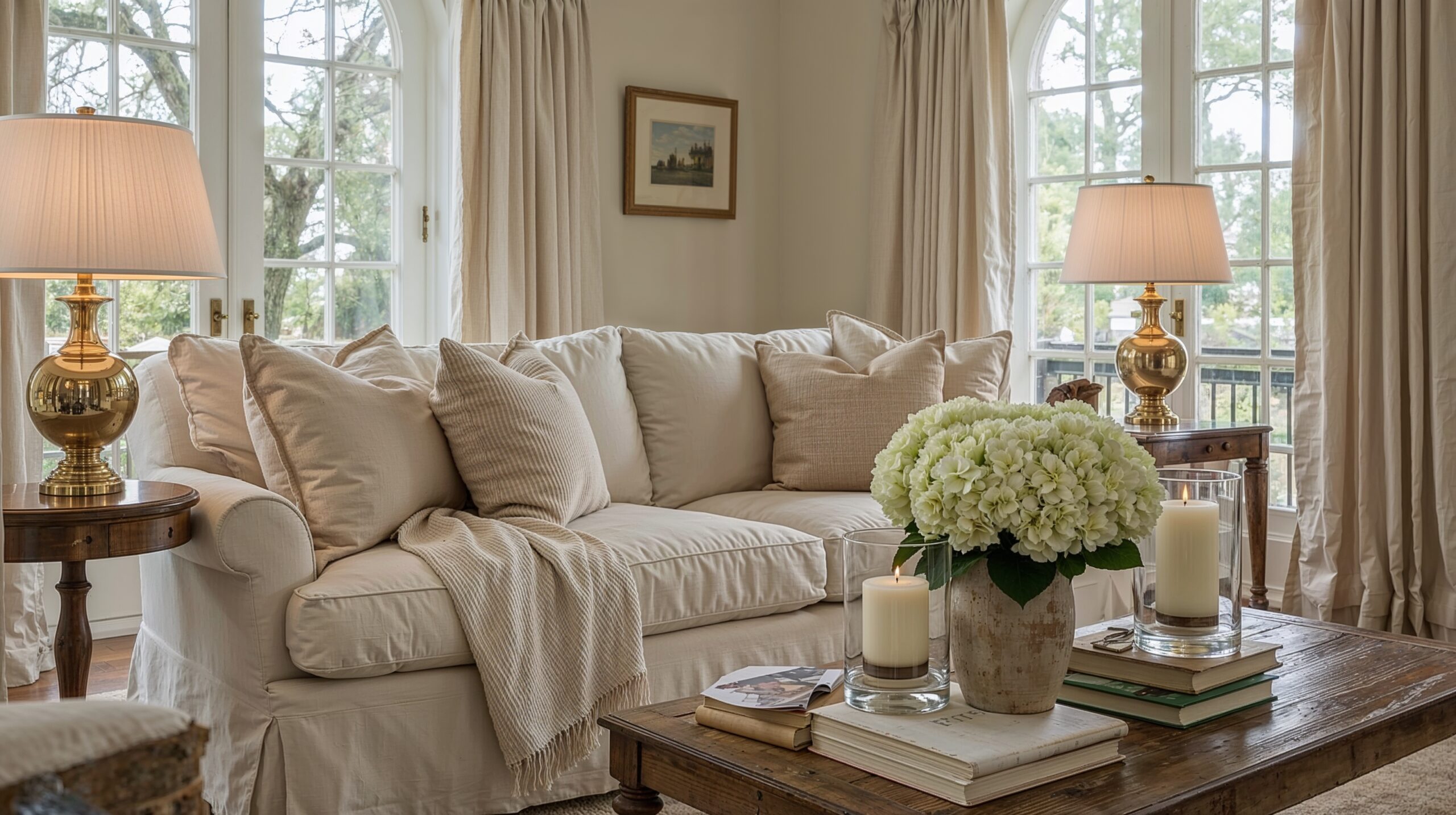 French country living room with a cream slipcovered sofa layered in neutral throw pillows, warm brass lamps on round wooden side tables, and a rustic coffee table styled with hydrangeas, stacked books, and pillar candles, all framed by tall windows with soft beige curtains.