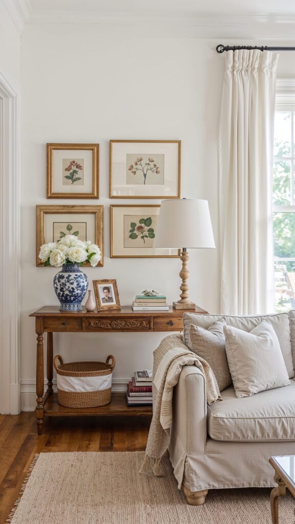 Cozy living room corner with a wooden console table, framed botanical prints, a blue and white vase with white flowers, a beige slipcovered sofa with layered pillows and a throw blanket, and neutral curtains framing a sunny window.