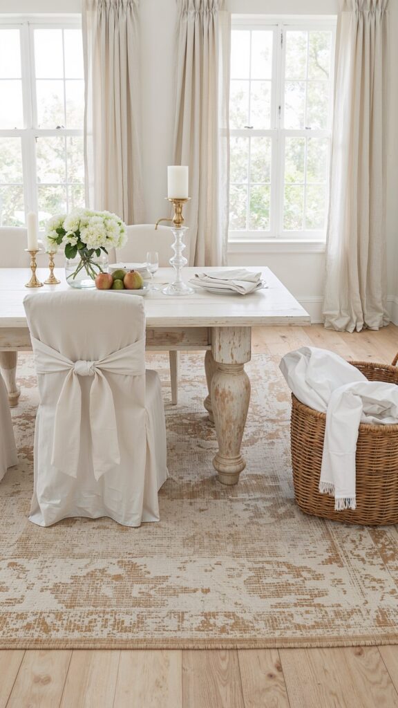French country dining room with a distressed white wood table, slipcovered chairs tied with bows, brass and glass candlesticks, a vase of white hydrangeas, and a woven basket holding folded linens, all set against tall windows with soft beige curtains.