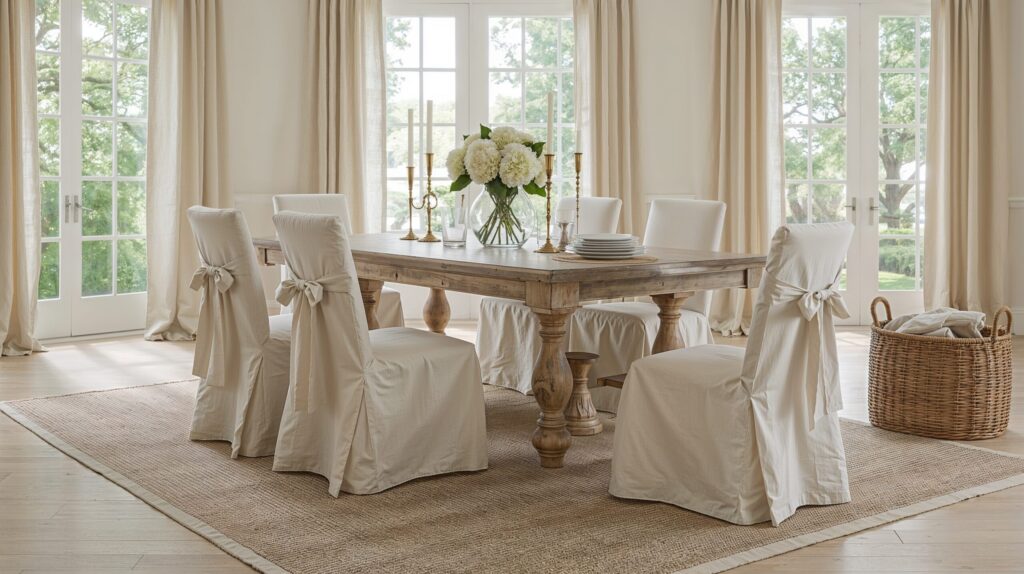 Bright dining room with a rustic wooden table, six slipcovered chairs tied with bows, a jute rug, tall beige curtains, and a glass vase filled with white hydrangeas.