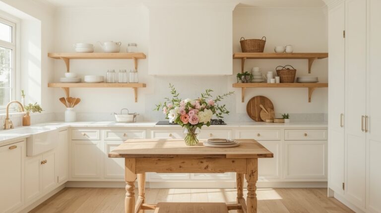 Bright French country kitchen with white cabinets, wooden open shelves holding dishes and baskets, a farmhouse sink, and a wooden table with a vase of fresh flowers.