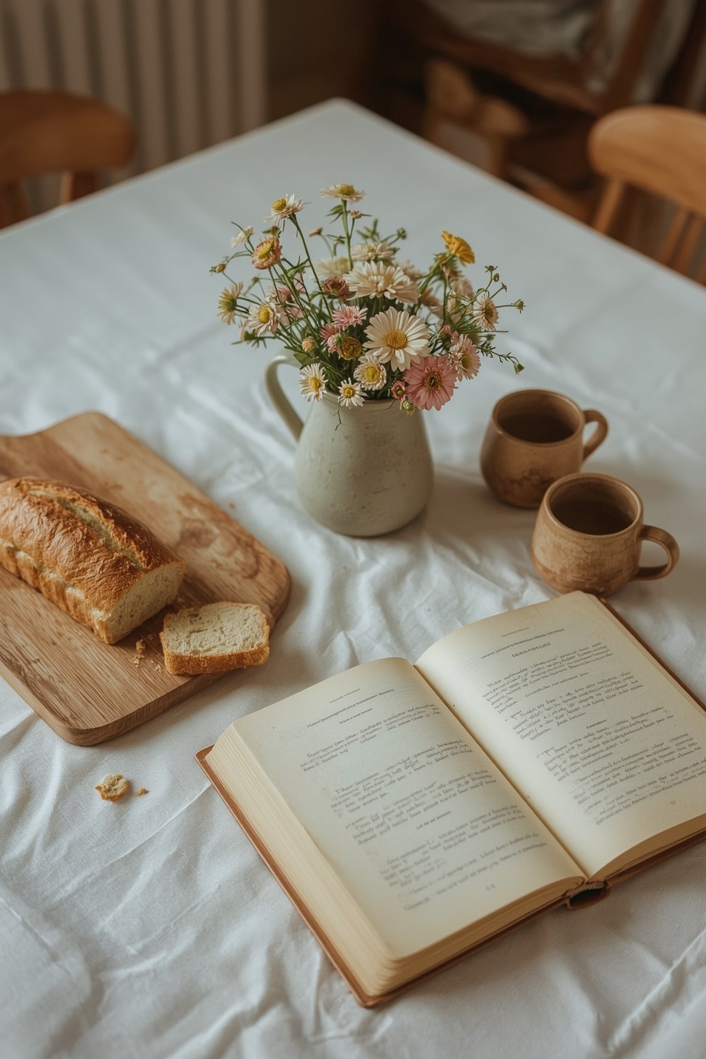 Cozy table setting with an open book, a wooden board holding a loaf of bread, two rustic mugs, and a pitcher of fresh wildflowers on a white tablecloth.