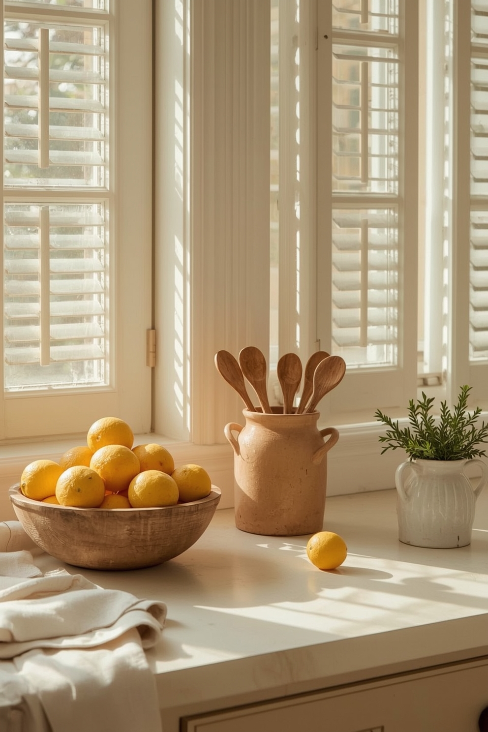 Bright kitchen countertop with a wooden bowl of lemons, a terracotta crock holding wooden spoons, a white pitcher of fresh rosemary, and soft light streaming through white shutters.