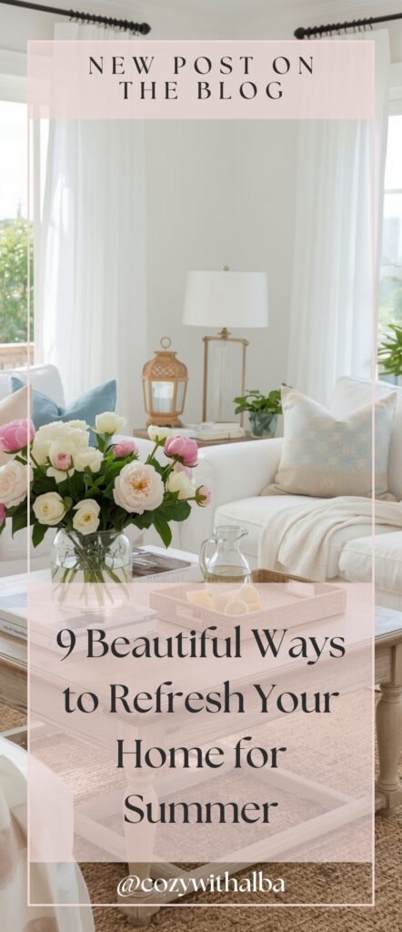 Bright living room with white sofas, pastel blue pillows, a wooden coffee table with flowers and lemonade, and text overlay reading “9 Beautiful Ways to Refresh Your Home for Summer” from cozywithalba.