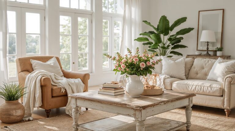 Bright and airy living room with large windows, a beige tufted sofa, a tan armchair with a throw blanket, a rustic wood coffee table with pink flowers in a white pitcher, and green potted plants.