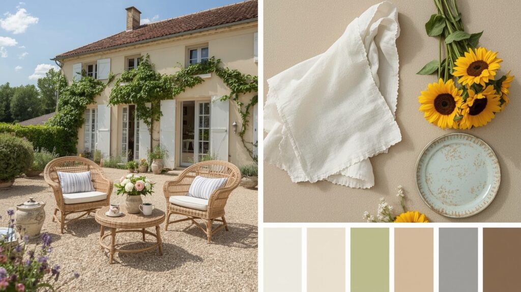 Collage featuring a French country patio with wicker seating and white cushions, a flat lay of sunflowers, a linen napkin, a rustic blue plate, and a neutral color palette swatch including cream, sage green, beige, gray, and brown.