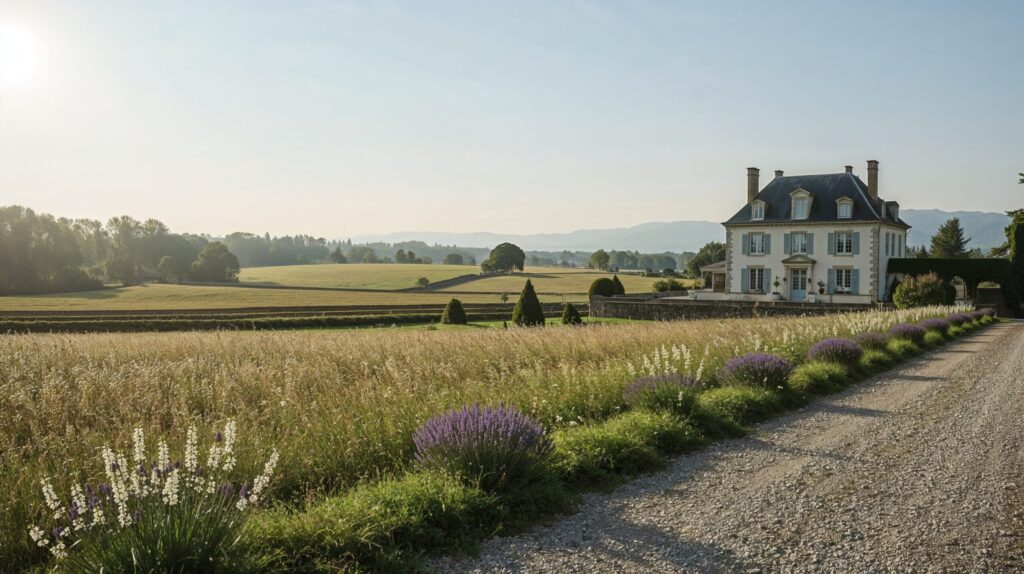 Elegant French Country House with Lavender-Lined Driveway